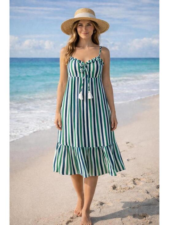 J. Crew Dresses & Skirts - J.Crew Green Blue White Ruffle Striped Summer Sundress Tie Front Size XS